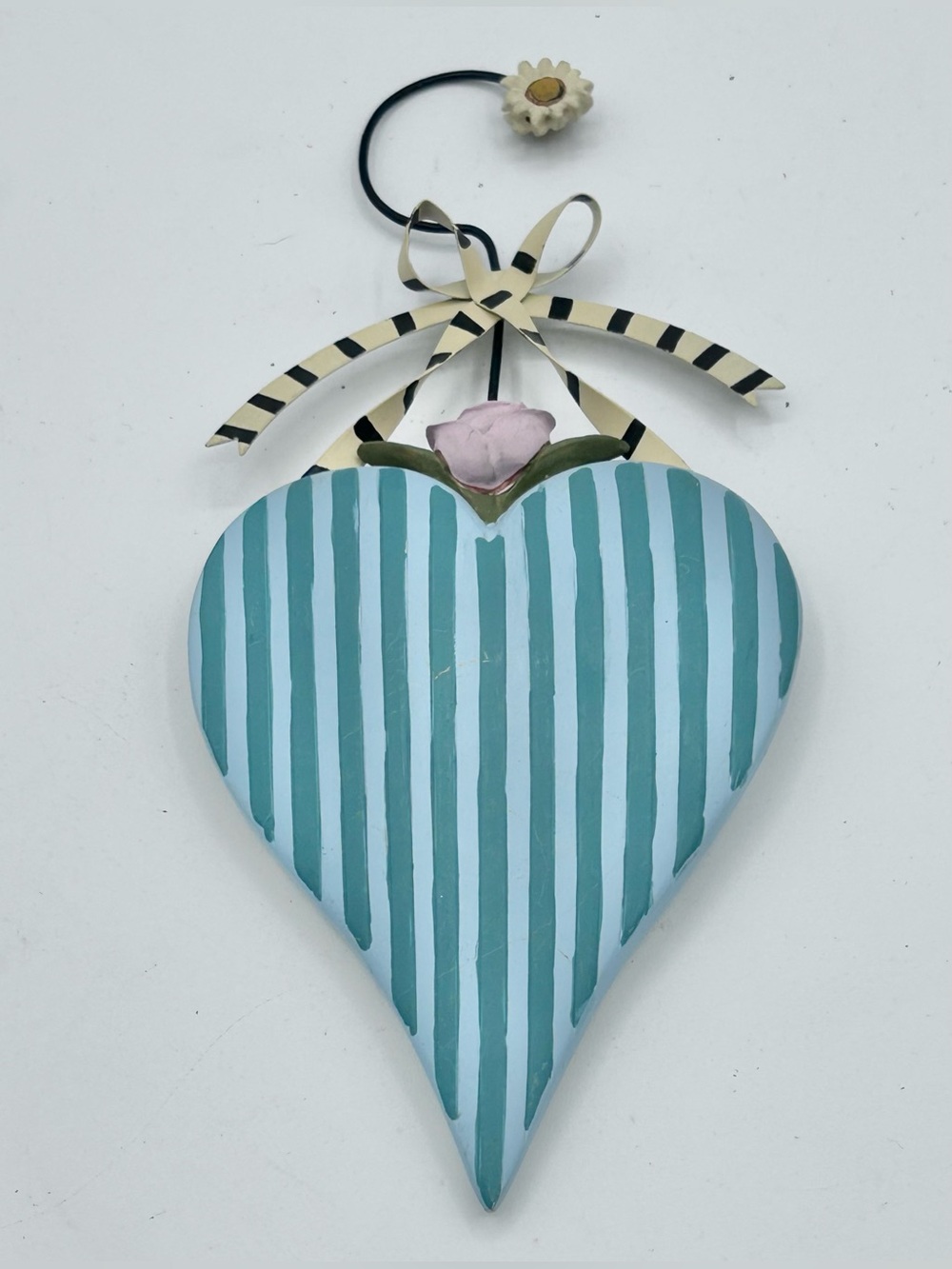Williraye Studio Heart Valentine Ornament Folk Art Blue Striped 7.25"